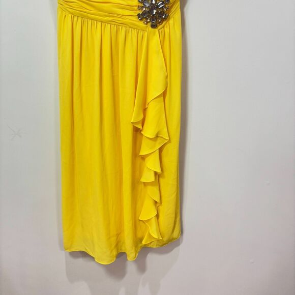 Nine West Yellow Halter Dress Size 8 Brocade Ruffles Flowy Swing Mod Retro - Picture 4 of 12